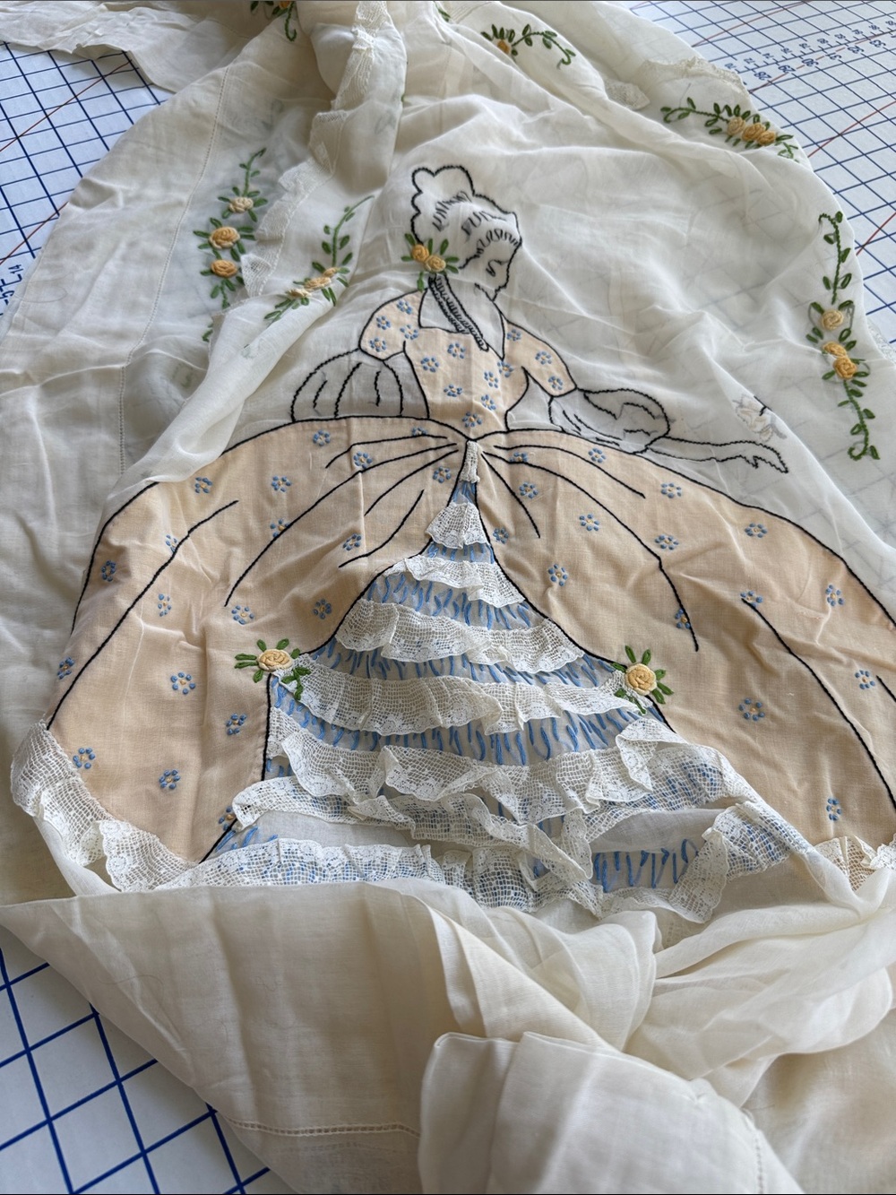 Vintage Colonial Lady Organdy Bedspread 82x72 Embroidered Lace Applique Cottage